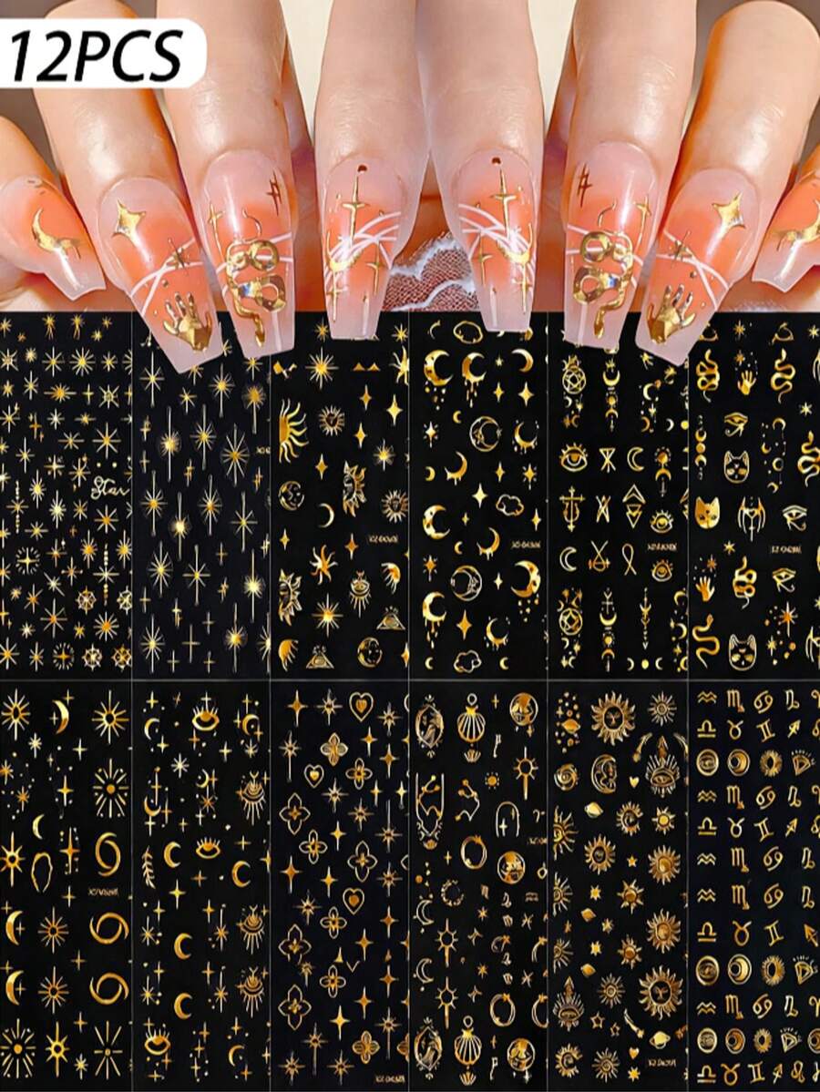 12pcs/Set 3D Black Starlight Moon Nail Art Sticker Bohemia Style Sun Snake 12Constellation Nail Decals Adhesive Nail Supplies 8*10cm - Multicolor - View 1