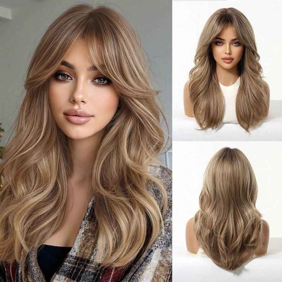 Tóc giả TOPSHE 20 inch màu cà phê thanh lịch, kiểu tóc dài vừa phải, kết cấu tự nhiên, tóc tổng hợp chịu nhiệt, nhiều kiểu tạo kiểu, phù hợp cho sử dụng hàng ngày, tiệc tùng, cosplay, lễ hội, trang phục nữ.