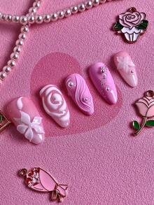 10PCS Women Nails Press On Nails Handmade Valentine's Day Pink Nails 3D Floral Rose Embossed Pearl Rhinestone Design Acrylic Material Reusable Easy Apply Remove Gentle Exquisite Ins Style Handmade Press On Nail Set With Nail Charms Nail Glue Nail Stickers - Multicolor - View 6