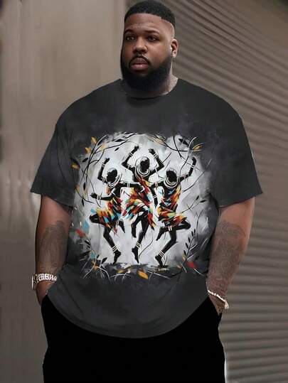 Plus Size Men's Tie Dye Black & Gray African Dancer Print Short Sleeve T-Shirt, Loose Fit Artistic Design Top