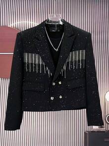 2026 New Spring/Autumn Off-Shoulder Streetwear Design Blazer, Men's Padded Shoulders Short Starry Sky Top - 黑色 - 查看 6
