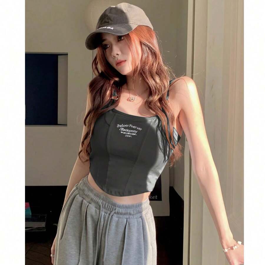 女士性感无袖刺绣露脐上衣，修身剪裁，甜美风格，适合夏季街头休闲穿着 - 灰色 - 查看 1