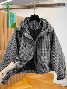 2025新款秋季女式格子连帽外套，宽松百搭短款防风大衣 - 黑白格 - 查看 1