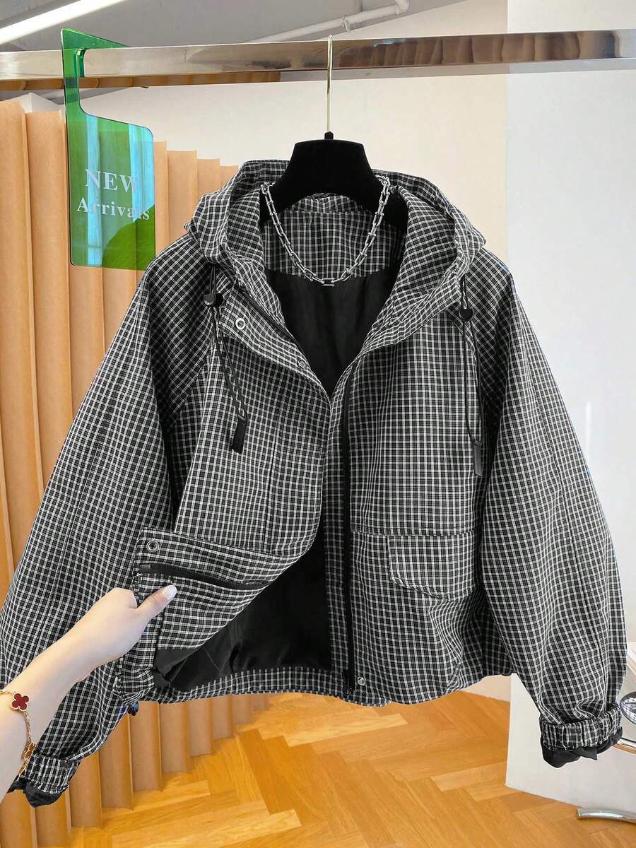 2025新款秋季女式格子连帽外套，宽松百搭短款防风大衣 - 黑白格 - 查看 1