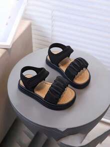 Kids Beige Ruched Strap Sandals Hook And Loop Non-Slip Breathable Summer Casual Shoes 2025 - Black - View 6