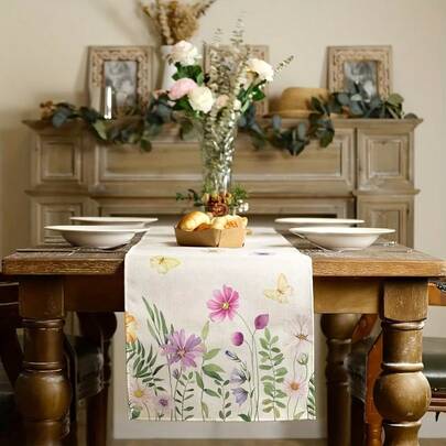 1pc Spring Table Runner, Floral & Butterfly Pattern, Rustic Style Indoor Kitchen Dining Table Decor, Home Party Tablecloth, Coffee Table Cloth