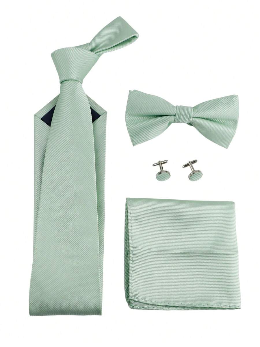 ZONFAZ 4pcs Men's Business Minimalist Solid Ribbed 8cm Necktie, Bow Tie, Pocket Square & Cufflinks Combo Set, Suitable For Weddings, Parties And Daily Commute - Mint Green - View 1