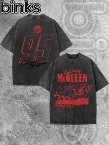 Disney Binks (Double-Sided Printing): Cars: Lightning McQueen Elements Cartoon Print Retro Distressed Washed Short Sleeved T-Shirt, High Street  Brand Loose Short Sleeved T-Shirt. Spring And Summer Fashionable Versatile Top, Holiday Gift, Vintage Print. - màu đen - Xem 1