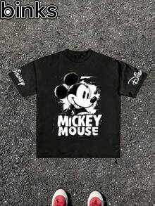 Disney Binks (Double-Sided Printing): Mickey Mouse Cartoon Printed Short Sleeved T-Shirt, High Street  Loose Short Sleeved T-Shirt. Spring And Summer Fashionable Versatile Top, Holiday Gift, Vintage Print. - màu đen - Xem 1