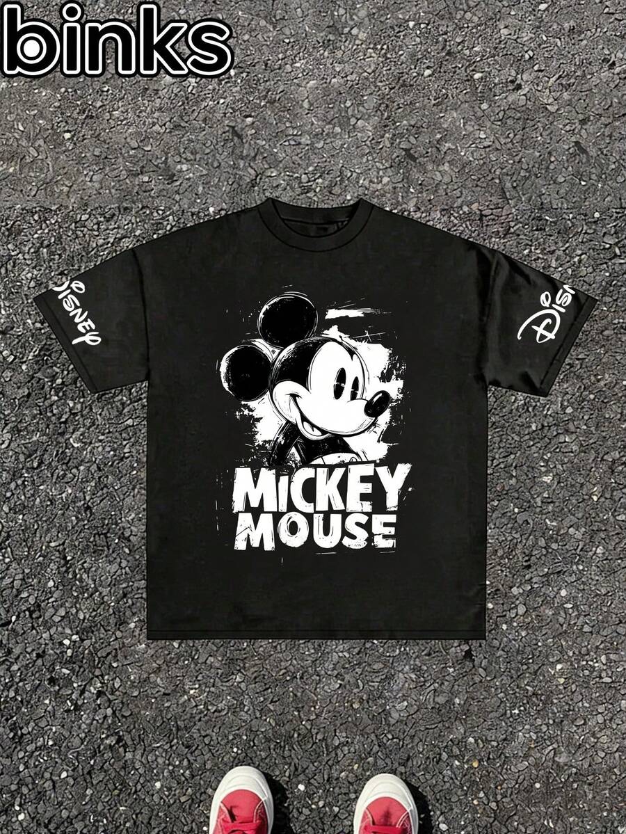 Disney Binks (Double-Sided Printing): Mickey Mouse Cartoon Printed Short Sleeved T-Shirt, High Street  Loose Short Sleeved T-Shirt. Spring And Summer Fashionable Versatile Top, Holiday Gift, Vintage Print. - màu đen - Xem 1