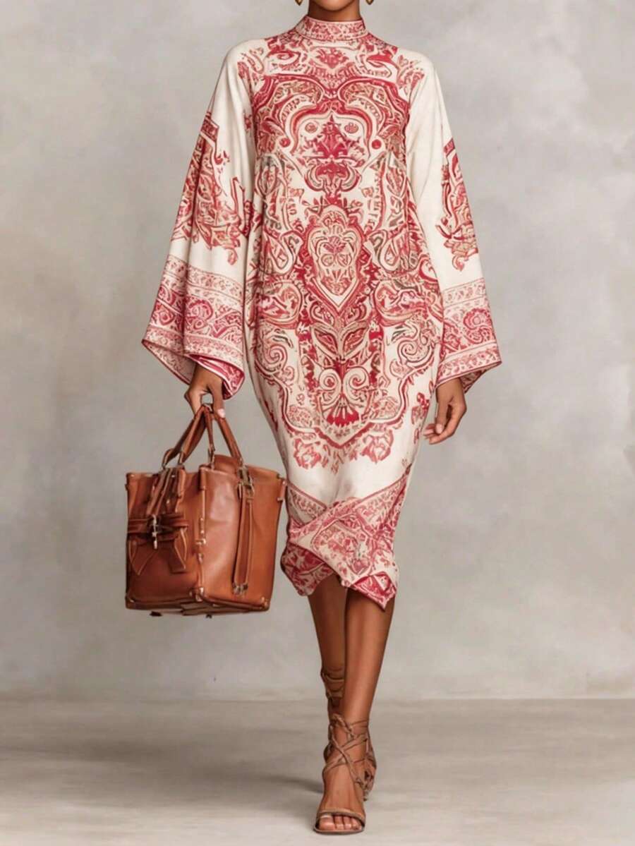 2026新款女士印花立领喇叭袖不对称下摆优雅连衣裙，适合夏季约会、毕业派对、下午茶等场合，尤其适合年轻职业女性春季通勤穿着。