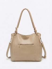 Minimalist Hobo Shoulder Bag With Slouchy Knot And Tassel Detail, Large Capacity - Beige - View 2