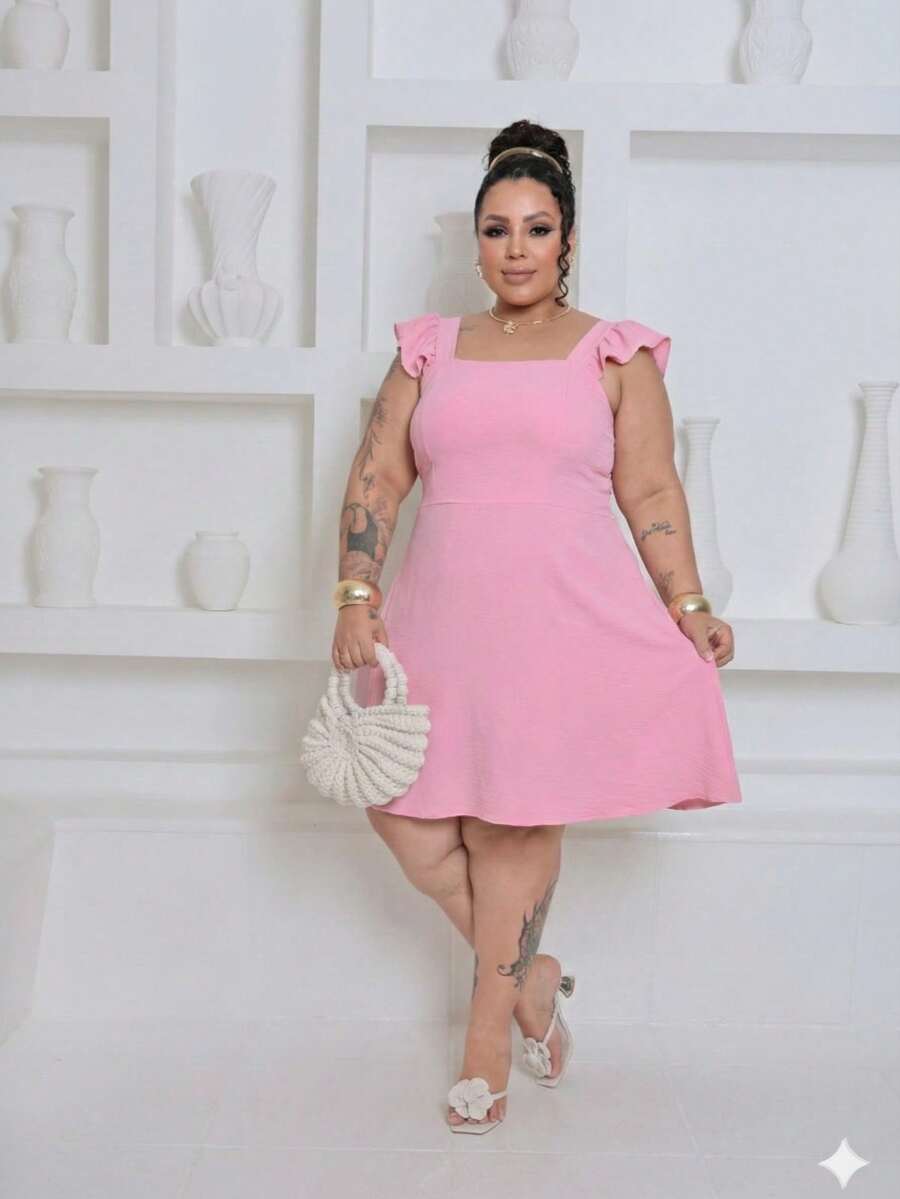 Plus Size Short Dress In Duna Fabric With Ruffled Straps And Elastic Back, Lined, Sizes GG G2 - 粉紅糖果 - 查看 1