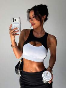 Sujetador deportivo cómodo y estilizante de unicolor y con parches de moda para mujer, primavera - Blanco y Negro - Ver 6