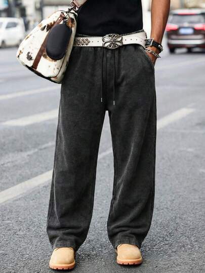 Men's Casual Washed Distressed Drawstring Waist Long Pants