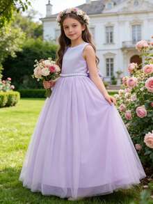 少女优雅浅紫色仿珍珠蝴蝶结薄纱连衣裙，适合婚礼、公主裙、舞会礼服、晚礼服、生日派对、毕业典礼、圣诞节 - 紫色 - 查看 8