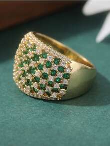 奢华复古金色铜质宽戒圈戒指，镶嵌闪亮绿色合成锆石，优雅永恒的女士戒指，完美贴合 - 綠色 - 查看 6