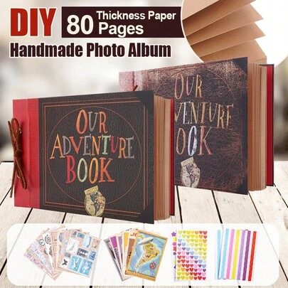  OUR ADVENTURE BOOK 80 Pages Kraft Paper Adventure Book Vintage Scrapbook 12x8 Inch With Gift Box 19 Pcs Accessories Portable Memory Album For Couples Friends Birthday/Valentine's Day Gifts Couples Gift Ideas
