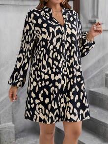 Plus Size Women Leopard Print Casual Long Sleeve Dress Spring Elegant - Multicolor - View 4