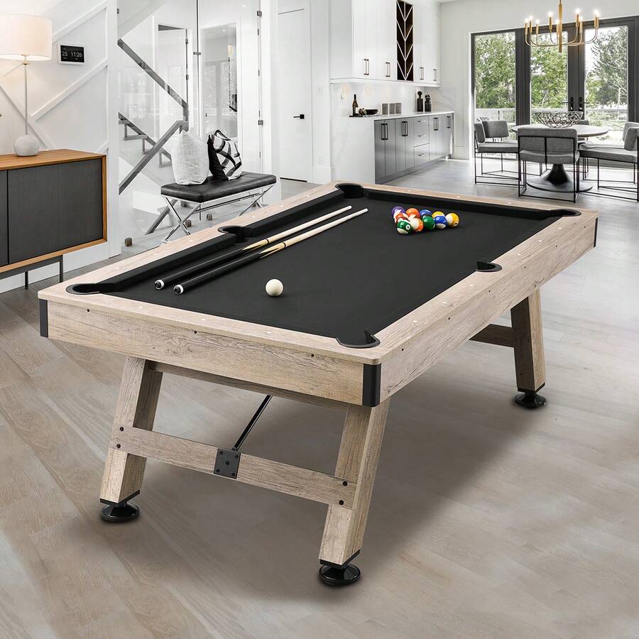 Billardtisch, 2,13 m Billardtisch, Billardtisch mit Verstellbaren Beinen, Billardtisch-Set inkl. Bällen, Queues, Kreide und Bürste, Perfekt für Familienspielzimmer für Kinder & Erwachsene - Billardtisch mit A-Fußgestell, Schwarz + Braunholz - Übersicht 1