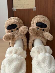 Pantuflas suaves y esponjosas con diseño de cachorro para hombres, pantuflas de interior y exterior cálidas y con diseño de dibujos animados lindos para parejas, para el invierno - Marrón - Ver 9