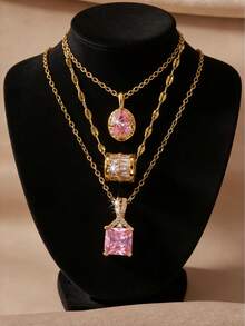 3pcs Minimalist Fashion Pink Zirconia Bead Square Pendant Necklace, Valentine's Day Gift, Suitable For Daily Wear And Gift Giving - Lucky Bead - View 9