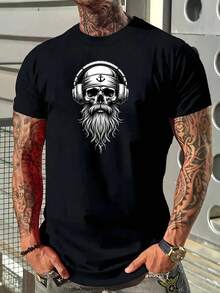 Navy Blue Men's T-Shirt Made Of 100% Cotton With Skull And Headphone Graphic Print - Edgy Gothic Style, Regular Fit, Casual T-Shirt, Micro-Stretch Knit Fabric, Breathable Comfort For All Seasons, Machine Washable Crew Neck Short-Sleeve Shirt For Casual Wear. - 黑色 - 查看 6