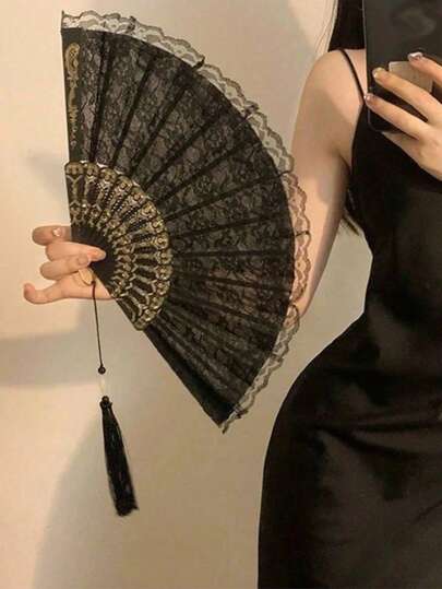 Folded Lace Fan, Vintage Fan, Black And White Fan, Fan Blade, Tassel Decoration, Folded Lace Fan, Vintage Style, Black And White Color Scheme, Embossed Fan Blade, Tassel Embellishment, Foldable And Portable, Suitable For Weddings/Ceremonies, Photography Accessories, Art Collectors' High-Quality Hand Fans, Wedding Decorations, Valentine's Day, Valentine's Day Gifts, Valentine's Day Decorations, Wedding Decorations