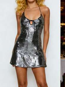 Women Sequin Halter Neck Dress Sleeveless Bow Tie Front Backless Mini Bodycon Dress for Daily Party Club - Negro - Ver 7