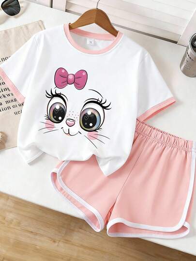Set de 2 piezas de camiseta y pantalones cortos con estampado de lazo y gatito para niñas, de tela suave y cómoda, para primavera/verano