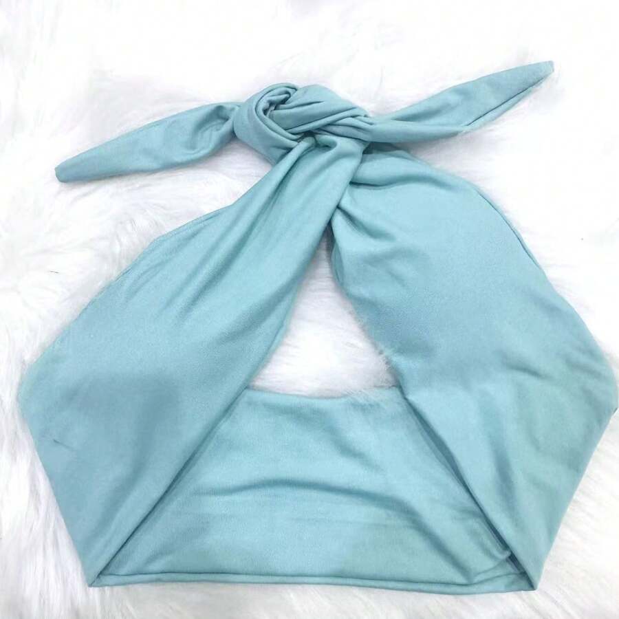 WO Cropped Top With A Crossover Neckline At The Front, Suplex Fabric With Built-In Cups, Multi-Way Cropped Top With Tie Closure. New Arrival. - Cadet Blue - View 1