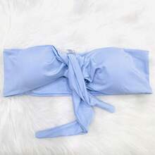 WO Cropped Top With A Crossover Neckline At The Front, Suplex Fabric With Built-In Cups, Multi-Way Cropped Top With Tie Closure. New Arrival. - Baby Blue - View 2