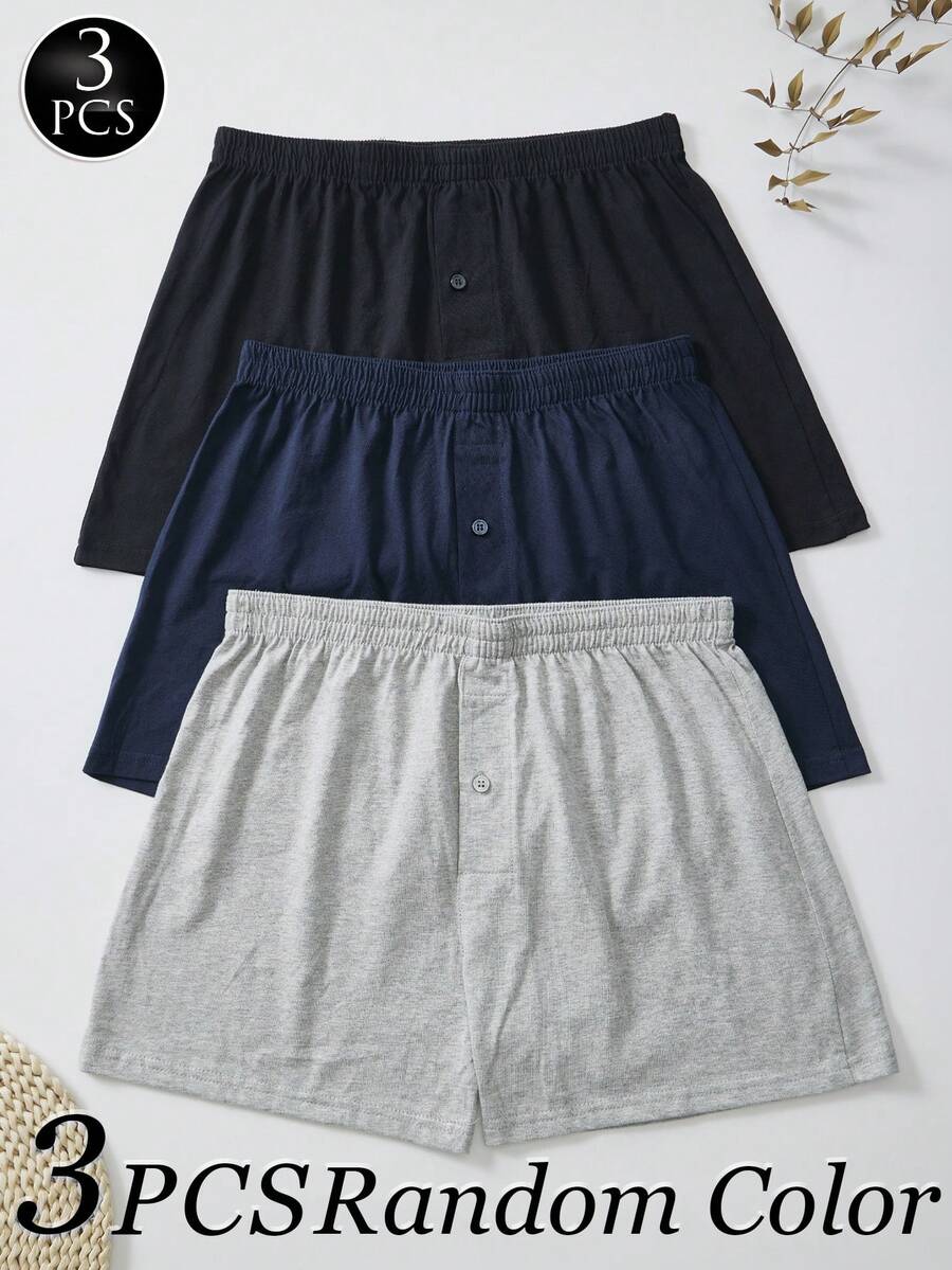 FOVTY 三件装随机颜色情人节礼物，送给男友的男士舒适透气内裤，时尚运动长腿三角裤，纯色家居服 - 彩色 - 查看 1