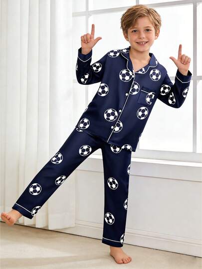 2pcs Tween Boy Blue Soccer Print Long Sleeve Pajama Set