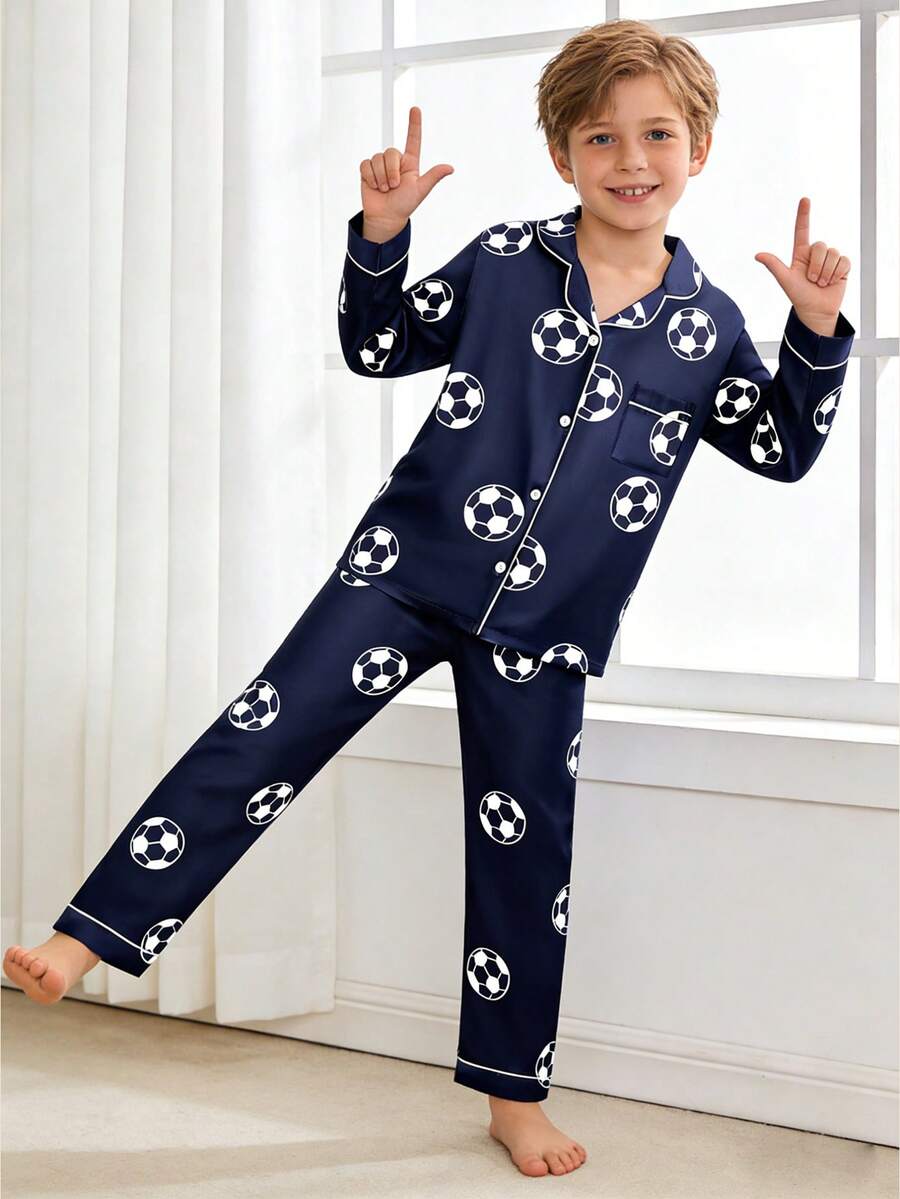 2pcs Tween Boy Blue Soccer Print Long Sleeve Pajama Set - Multicolor - View 1