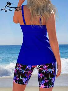 AguaCube Women'S Summer Beach Tankini Set With Tropical Coconut Tree Print, Off-The-Shoulder, Sleeveless, High Stretch Elastane, Bow Detail, Shorts, Fashionable Swimwear For Everyday Wear And Outdoor - Màu xanh lam - Xem 2
