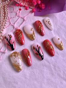 10片装女士美甲按压式假指甲，手工制作，情人节粉色梅花金箔亚克力材质，可重复使用，佩戴舒适，易于粘贴和卸除，包含美甲饰品和美甲贴纸。 - 彩色 - 查看 4