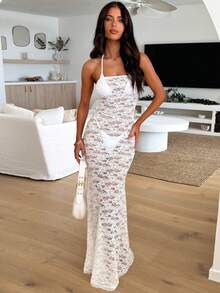 Spring Summer New Women's Fashion Sexy Minimalist Sexy Style Lace Cutout Slim Strapless Open Back Vacation Beach Maxi Dress White Party - White - View 5