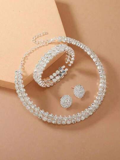 3pcs Bridal Wedding Jewelry Set, Crystal Necklace, Earrings, Bracelet, Rhinestone Claw Chain Necklace Accessories