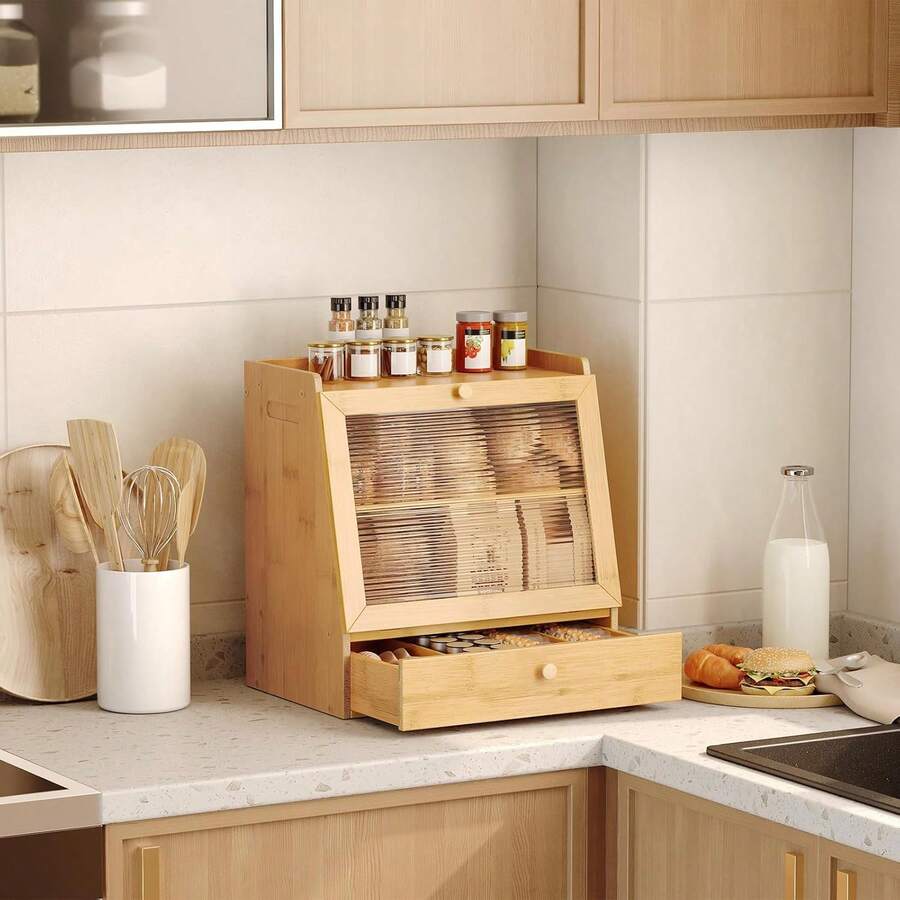 Bread Box, Bamboo Bread Box Storage Container With Drawer, 2-Tier Kitchen Countertop Food Storage Box With Acrylic Door, For Food, Natural - Màu gỗ - Xem 1