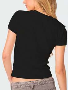 Spicy Retro Y2K Style High-Stretch Cropped T-Shirt With Exposed Shoulders |   Perfect For Everyday Wear And Commuting, Crew Neck, Casual Style, Suitable For Spring/Summer/Fall. - Black - View 3