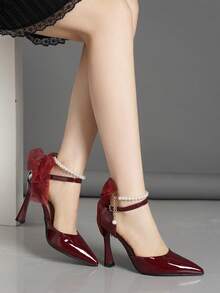 Spring New Fashion Bow Tie Black & Burgundy High Heel Pointed Toe Pumps, French Style Versatile Party & Wedding Shoes For Women - Burgundy - View 3