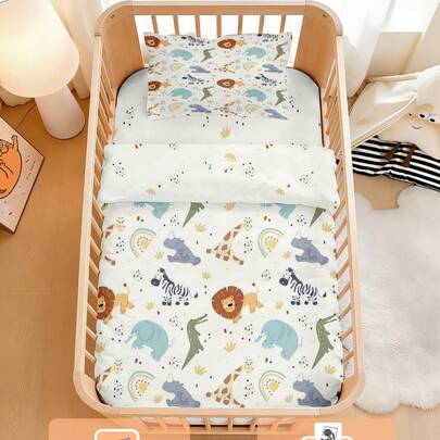 1 Set de ropa de cama para bebé con estampado de animales, hecho de poliéster con impresión digital, adecuado para niños y niñas, se puede usar como decoración de dormitorio, regalos y artículos festivos. Incluye 1 funda de edredón reversible y 1 funda de almohada de una sola cara.