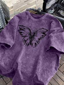 Women's Fun Retro Butterfly Cartoon Letter Print Street Style, Korean Style Comfortable Retro Fashion Commuting Versatile Y2K Women's Clothing, Regular Niche Punk Style Black Fitted Round Neck Short Sleeve Washed T-Shirt, Washed Retro Series Comfortable Pure Cotton T-Shirt, Easily Create Retro Casual Wear, Suitable For Daily Commuting, Casual Outings, Everyday Wear, Classic Retro Style Women's Clothing - Màu tím  Violet - Xem 1
