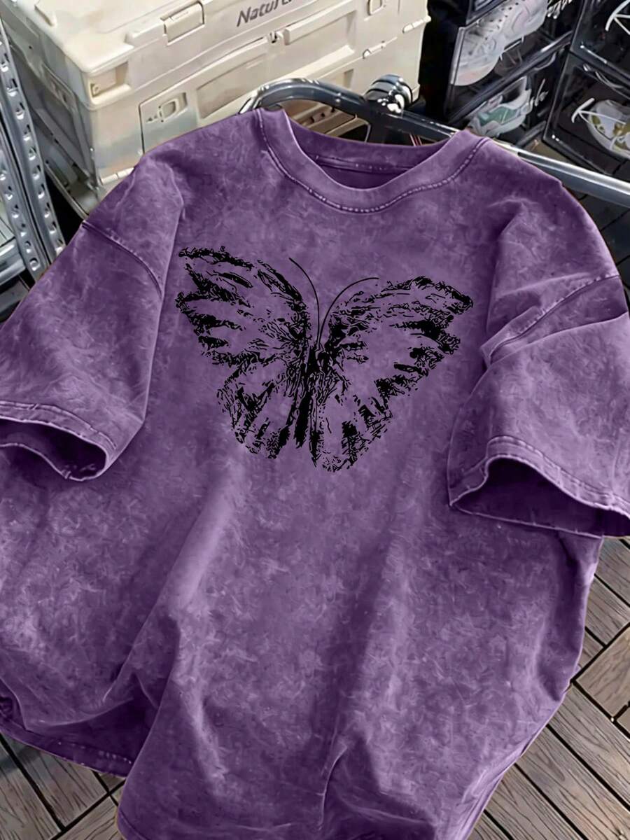 Women's Fun Retro Butterfly Cartoon Letter Print Street Style, Korean Style Comfortable Retro Fashion Commuting Versatile Y2K Women's Clothing, Regular Niche Punk Style Black Fitted Round Neck Short Sleeve Washed T-Shirt, Washed Retro Series Comfortable Pure Cotton T-Shirt, Easily Create Retro Casual Wear, Suitable For Daily Commuting, Casual Outings, Everyday Wear, Classic Retro Style Women's Clothing - Màu tím  Violet - Xem 1