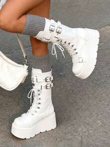 Goth Platform Boots For Women Back To School Punk Motorcycle Boots Mid Calf Round Toe Boots Back Zip Wedges Fall Boots - White - View 4