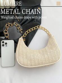 Fashionable Solid Color Woven Moon Shaped Women's Bag With Metal Chain Strap. Can Be Used As A Handbag, Shoulder Bag, Tote, Beach Bag, Or Casual Cell Phone Bag. A True Summer Essential & Travel Must-Have, Perfect For Vacation, Holiday, And Daily Use. Also Makes A Wonderfully Versatile And Stylish Gift For Valentine's Day Or Birthdays - 彩色 - 查看 10