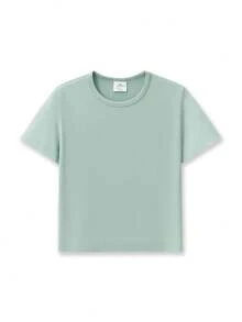 Young Girl Plain Round Neck Short Sleeve Casual Versatile T-Shirt - Mint Green - View 3