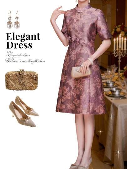 Vestido de verano para mujer con cuello alto, elegante y grácil, vestido de noche de línea A de manga corta, sofisticado estampado floral, detalle de cintura con flores 3D, cierre con cremallera en la espalda, adecuado para boda, fiesta, invitado, banquete, ceremonia, compromiso, graduación, vacaciones