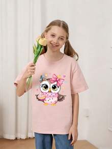 Tween Girls' Casual Graphic Print Crew Neck Short Sleeve T-Shirt, Summer Top - Pink - View 2